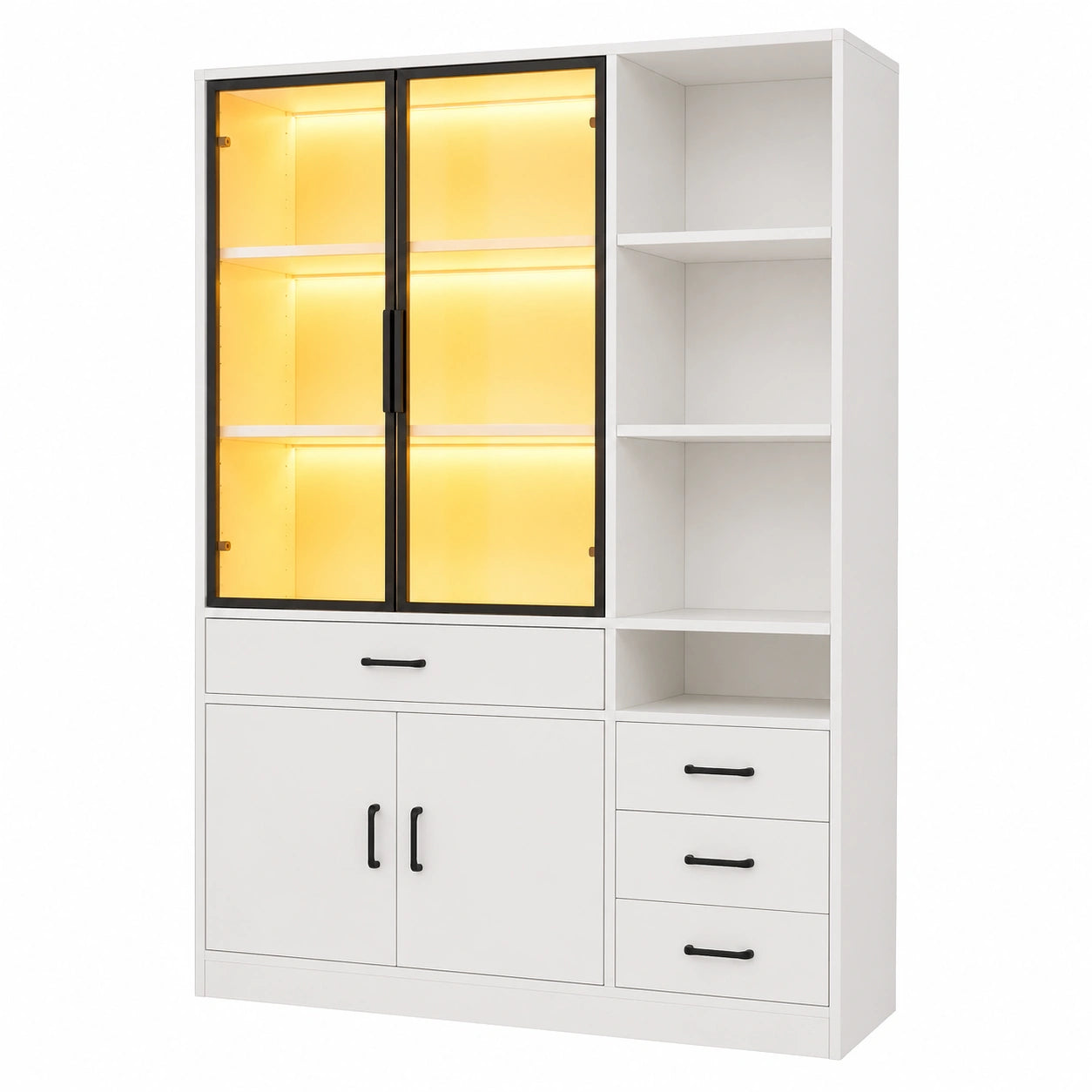 Glasvitrine – 120 × 35 × 200 cm, mit Stauraum, mit LED-Beleuchtung, mit Schubladen, mit mehreren Türen