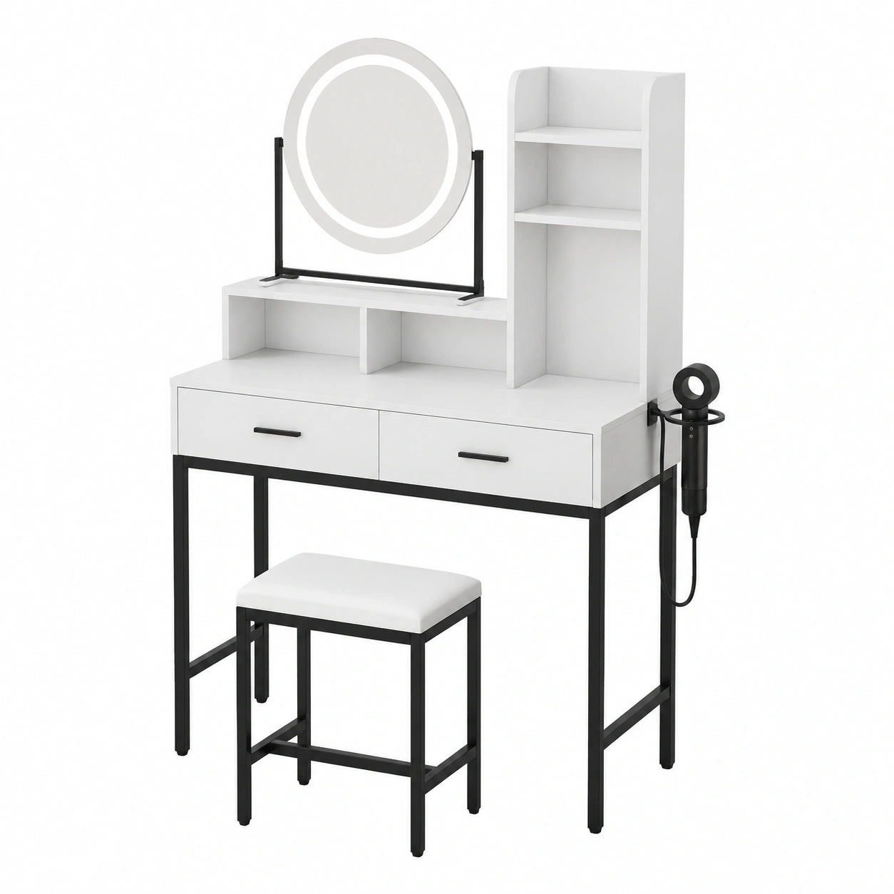 Schminktisch – moderner Stil, mit LED-Beleuchtung, mit Schubladen, Weiß, für Schlafzimmer