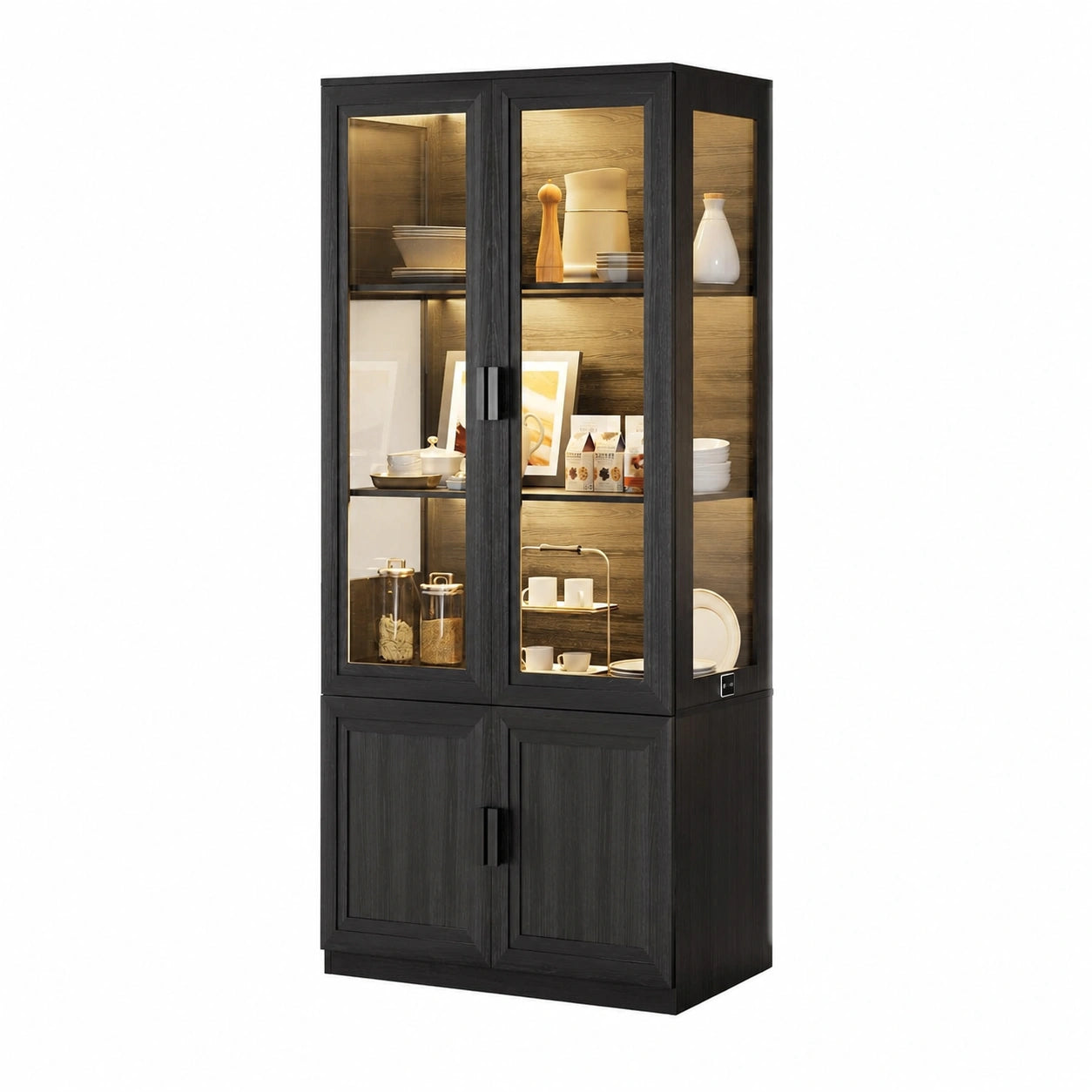 Mehrzweckschrank – mit LED-Beleuchtung, Schwarz, für Wohnzimmer, Schlafzimmer und Büro