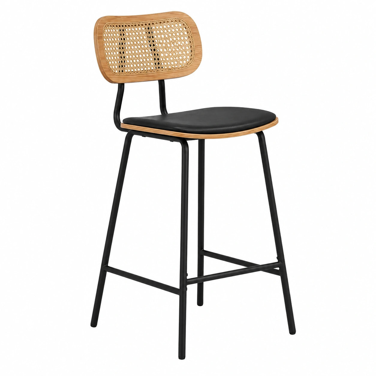 Barhocker – 2er-Set, mit LED-Beleuchtung, mit Rückenlehne, aus Rattan und Leder, Schwarz, für Küche