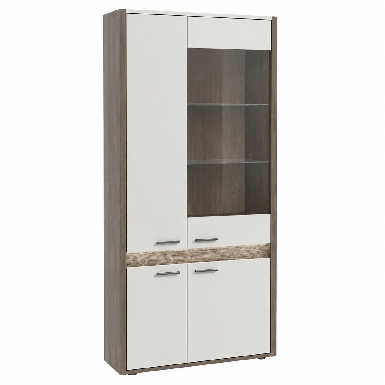 Vitrine – 82 × 198 × 37 cm, aus Eichenholz und Glas, Hellgrau, für Wohnzimmer