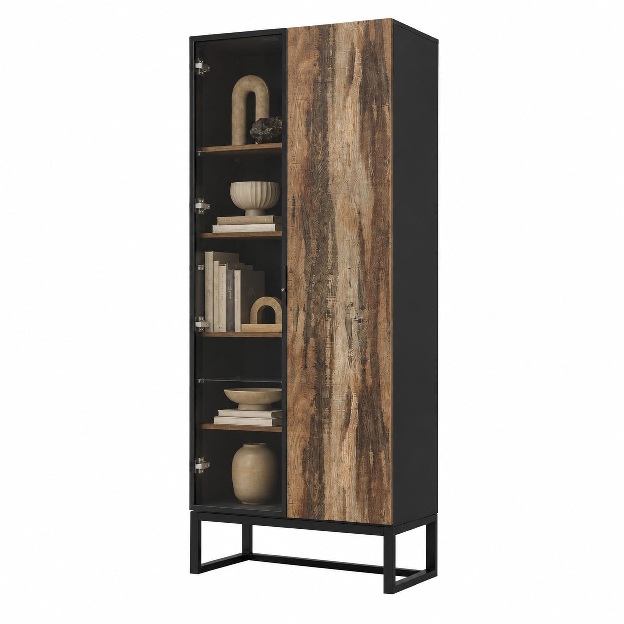 Vitrinenschrank – 80 × 41 × 175 cm, mit LED-Beleuchtung, aus Glas und Holz, Braun und Schwarz, für Wohnzimmer